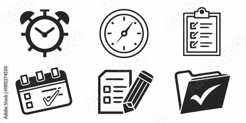 Icons representing various aspects of time management and scheduling. Vector