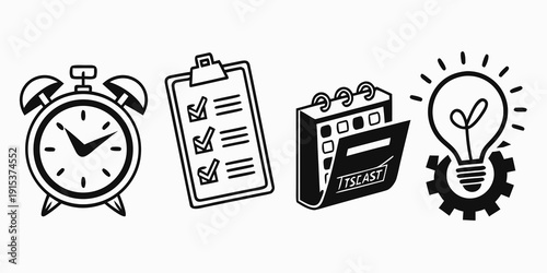 Icons representing time management, planning, and productivity tools. Vector