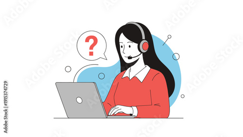 Friendly female customer support representative wearing a headset works on a laptop to assist clients with their questions and concerns.