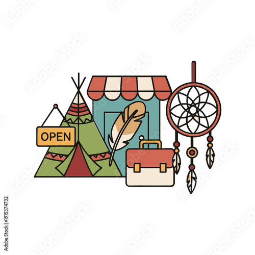 Colorful Dreamcatcher And Briefcase Illustration.