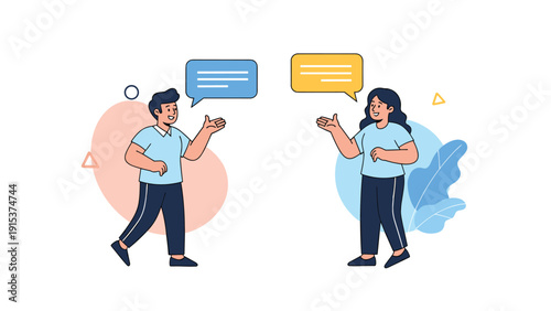 Two young people engage in a friendly conversation with colorful speech bubbles representing social interaction and effective communication.