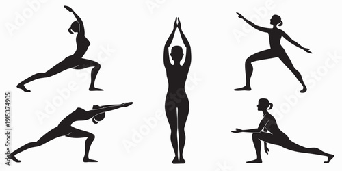 Group of people practicing yoga in various poses on a mat. Vector