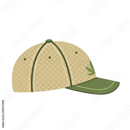 Stylish hemp cap with green visor and leaf design, isolated on white background