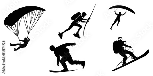 Illustration of various winter sports and activities, including skiing, snowboarding, and paragliding. Vector