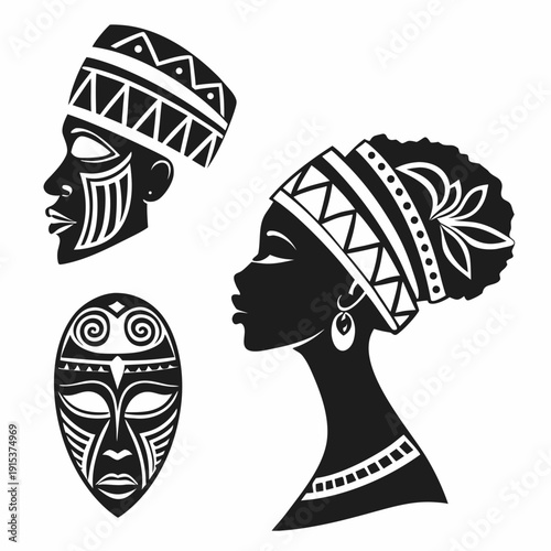 Three distinct african masks with intricate patterns and designs displayed together Vector