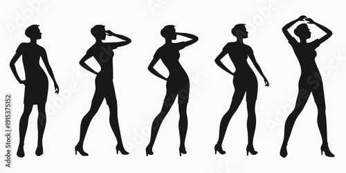 Silhouettes of women showcasing various dance moves and poses in a sequence Vector
