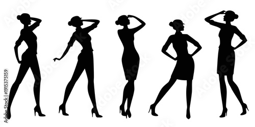 Five stylish women silhouettes showcasing different poses and outfits Vector