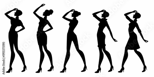 Silhouettes of women showcasing various dance moves and poses in a line Vector