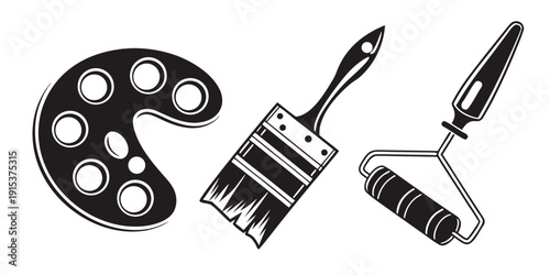 Artistic tools including a paint palette, paintbrush, and fountain pen Vector