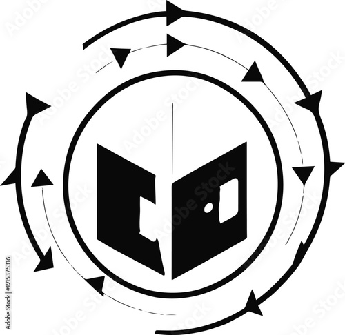 Black and white vector of circular arrows around digital product box 3