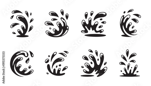 Eight stylized water splash icons and waves in black and white for graphic design