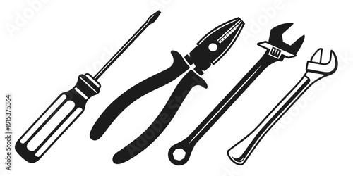 A variety of tools including pliers, screwdrivers, and wrenches displayed in a row Vector