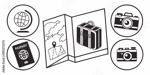 A diverse collection of items including a book, a camera, a plant, and a laptop. Vector