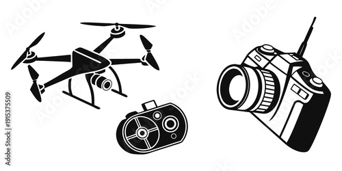 Aerial drone equipped with a camera and remote control device for filming purposes Vector