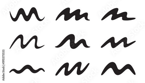 Abstract brush stroke set with wavy black lines hand drawn artistic ink smears isolated on white background