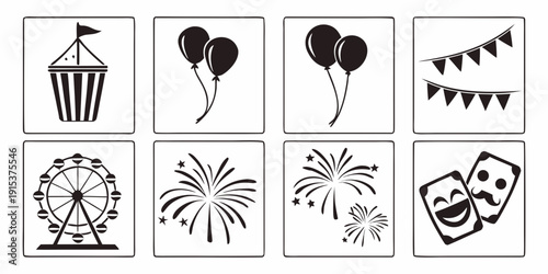 A delightful array of carnival and party-themed icons in black and white. Vector