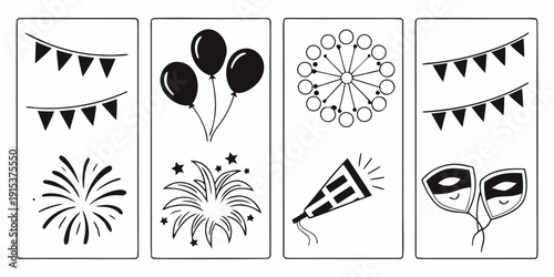 A variety of party decorations including balloons, streamers, and confetti. Vector