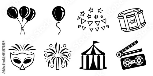 Assorted black and white icons representing celebration and entertainment. Vector