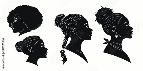 Silhouettes of women showcasing various hairstyles and headwear Vector