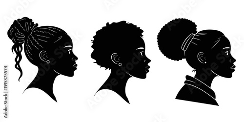 Three stylized silhouettes of women with different hairstyles Vector