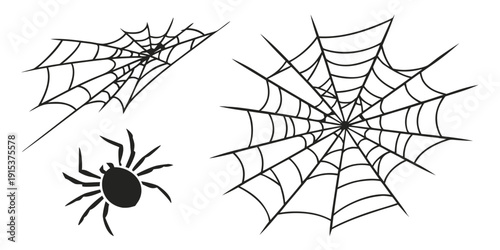 Three different types of spider webs with a spider depicted in the lower left corner Vector