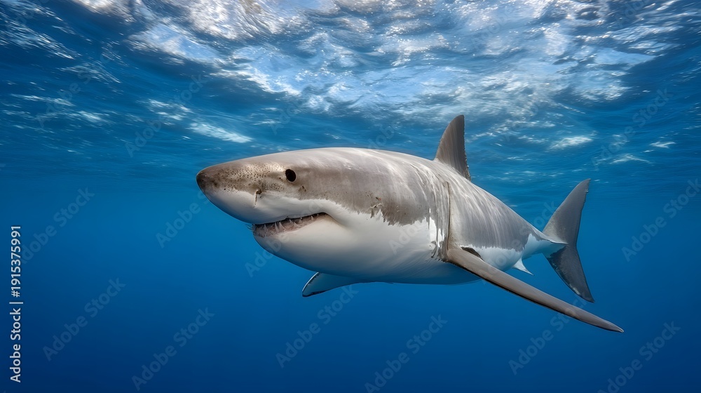 Fototapeta premium A majestic great white shark glides through clear blue ocean water its powerful form captured in an underwater scene with light from the surface