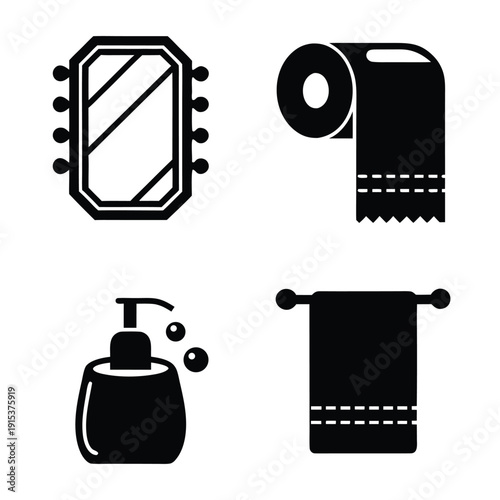 Four black and white bathroom including a window mirror, toilet paper, soap dispenser, and towel