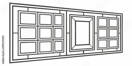 A large window with three sections, the middle one being a door with a glass panel. Vector