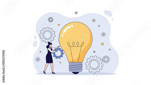 Innovative businesswoman turns gears and cogs next to a giant glowing light bulb symbolizing creative ideas and business solutions.
