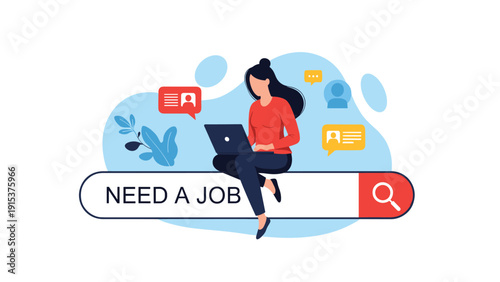Job seeker woman sits on a giant search bar with the text need a job while using her laptop to browse online career opportunities.