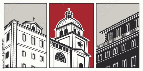 Historic buildings with unique architectural designs and features Vector