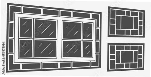 A set of three windows with blinds, each with a unique pattern and orientation. Vector