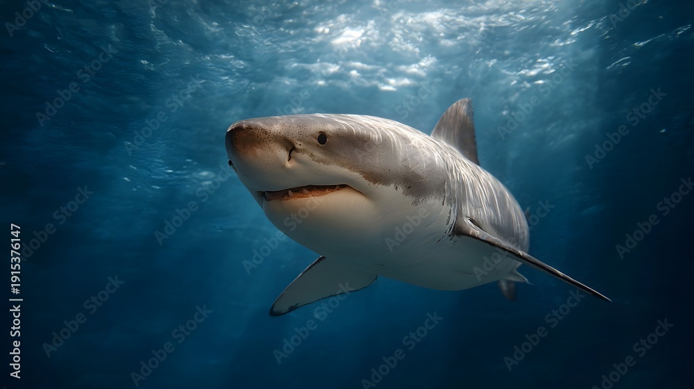 Fototapeta premium A powerful great white shark swims in the deep blue ocean illuminated by sun rays filtering from above