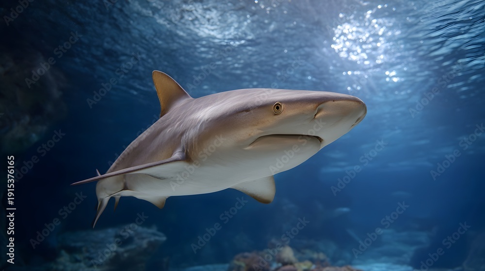 Fototapeta premium A striking shark glides through the clear blue ocean depths illuminated by sunlight from above