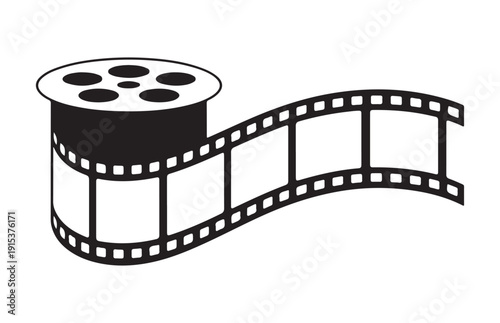 Waving film strip with a reel black and white vector illustration isolated on a white background