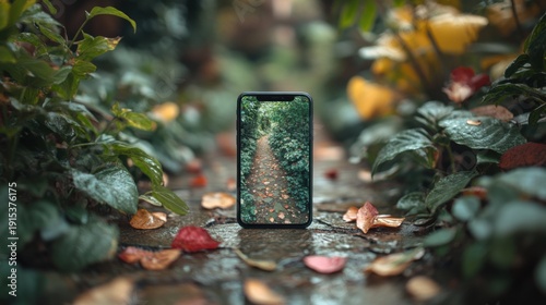 Smartphone Displaying a Nature Scene Surrounded by Lush Greenery