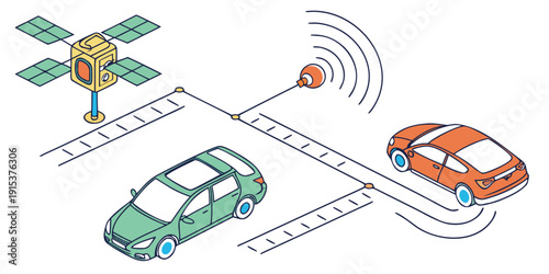 Connected vehicles communicating with each other and roadside infrastructure Vector