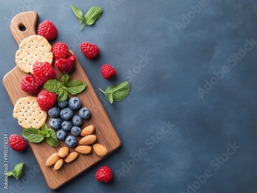 Fresh Summer Fruits and Nuts on Wooden Cutting Board with Mint
