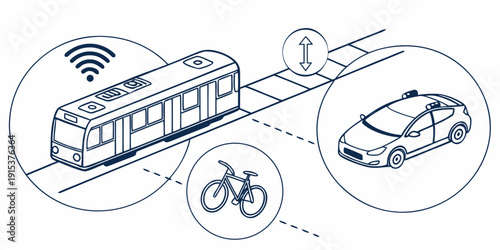 Illustration of a train, a car, a plane, and a ship connected by a network. Vector