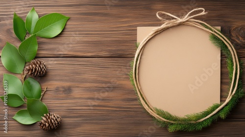Rustic Wooden Background with Greenery and Empty Circle Frame