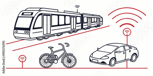 Illustration of a bus, car, and truck communicating wirelessly with each other Vector