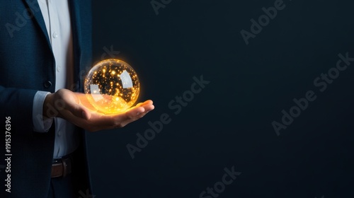 Hand Holding Glowing Orb with Sparkles in Dark Background