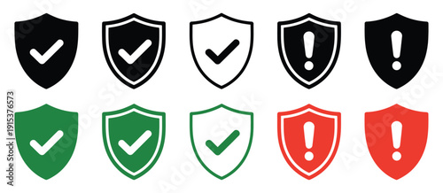 Shield Icon vector illustration with checkmarks and exclamation marks, minimal protection and alert symbols