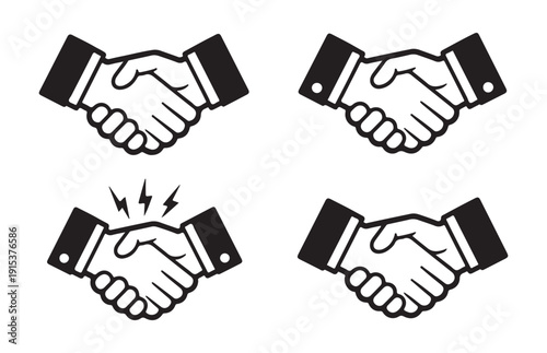 Four handshake icon sets showing agreement partnership trust teamwork and a strong business connection