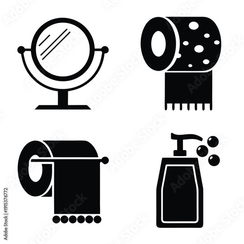 Four black and white of a makeup mirror, hairbrush, toilet paper roll, and soap dispenser