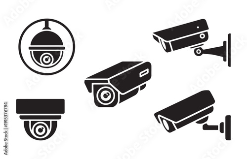 Set of cctv cameras, security camera vector icons, surveillance system elements, black and white pictogram