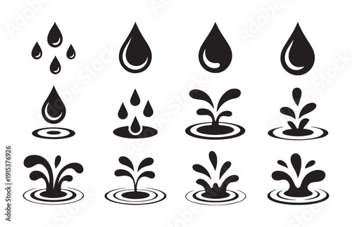 Set of black water drop and splash icons isolated on white background liquid, oil, aqua drops simple set
