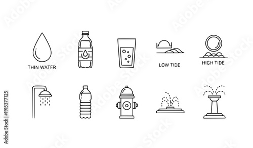 Water line icon set drop mineral bottle tide shower hydrant vector
