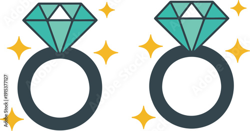 A minimalist illustration of a ring with a large turquoise diamond on a light gray background.