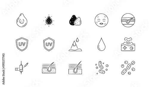 Skin health and dermatology outline icons moisture acne UV vector set